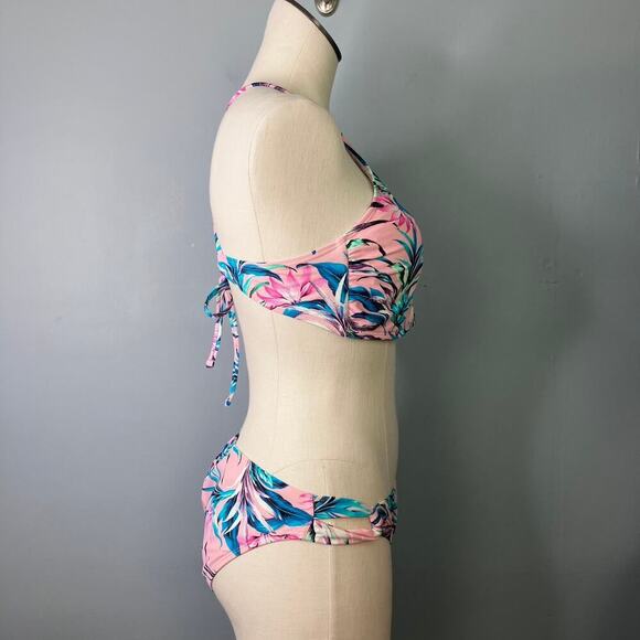 Hot Water Pink Tropical Floral High Neck Halter Tie Bikini 2 Piece Set Size L - Picture 2 of 16